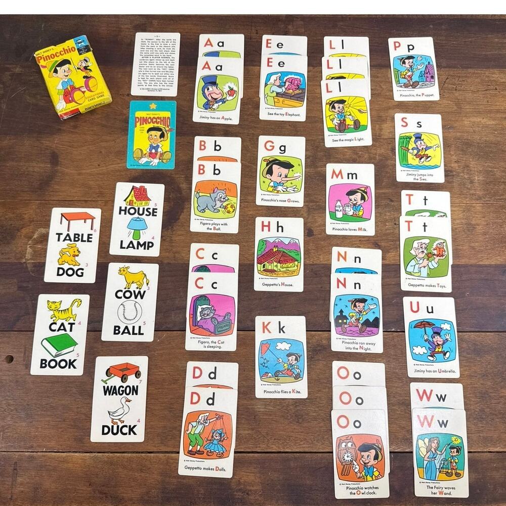 Walt Disney Productions Vintage 60's Pinocchio Edu-Cards Word Game Ages 5-12